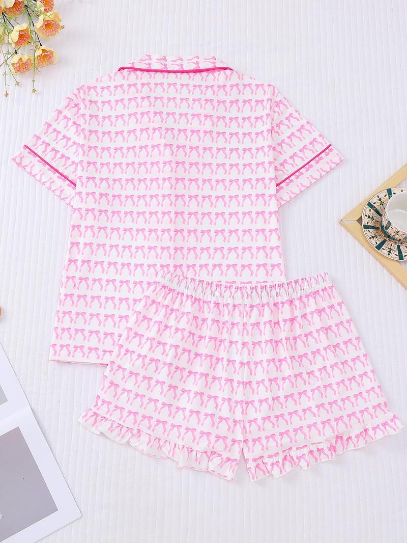 Women's All Over Print Pajama Set, Casual Comfy Short Sleeve Lapel Neckline Pocket Shirt & Shorts PJ Set, Ladies Summer Sleepwear, Sleepwear Pajamas Set