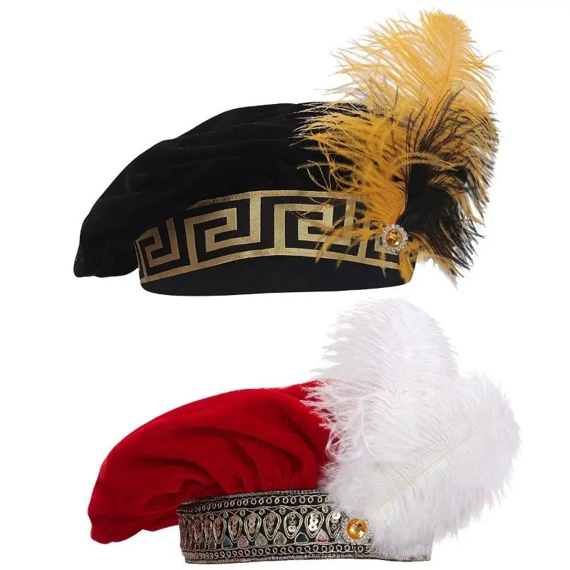 2026 Red Medieval Tudor Hat for Men with Feather,Renaissance Velvet Men's Puffed Caps,Elizabeth Flat Hats,Hat Circumference 59cm