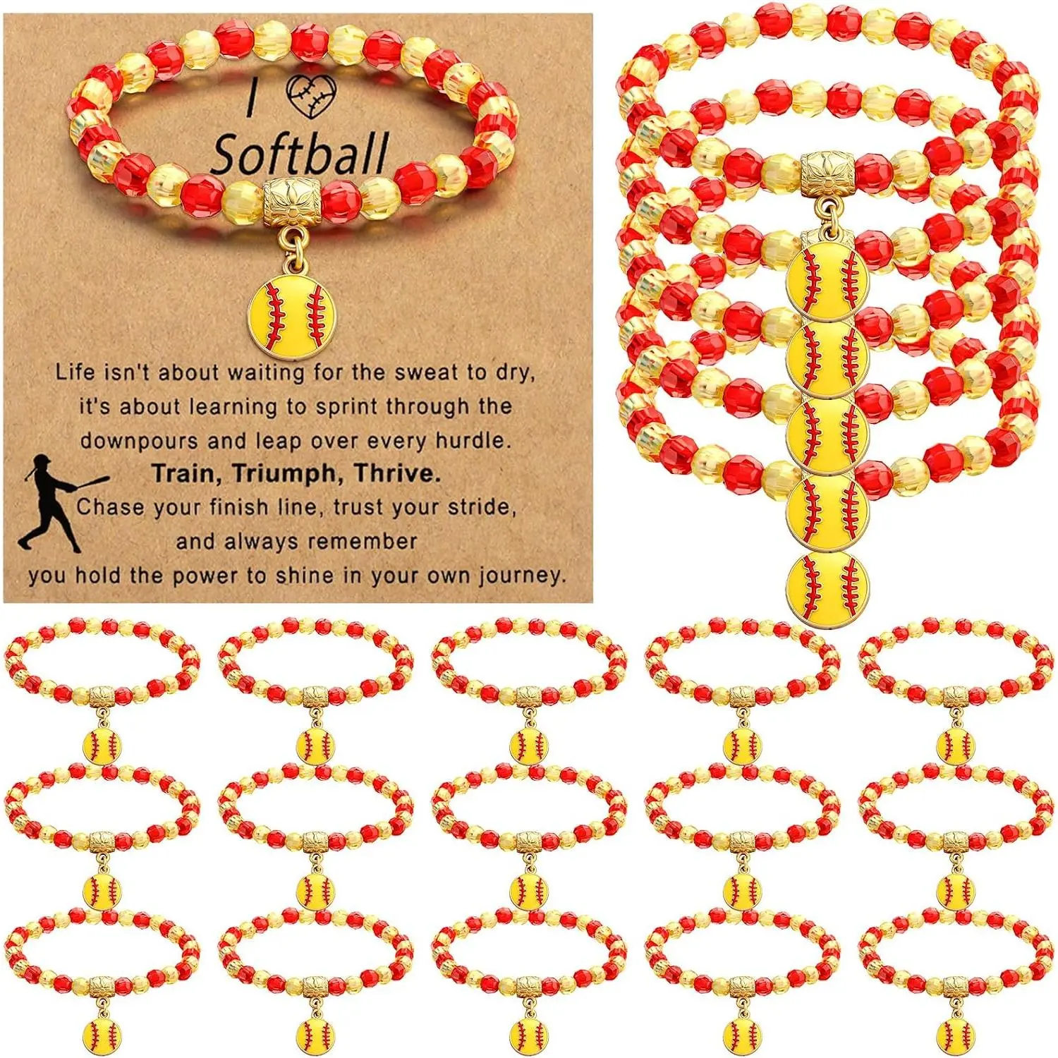20 Pack Softball Charm Bracelets, Adjustable Plastic Bead Bracelets for Players and Teams, Bulk End of Season Gifts with Matching Cards