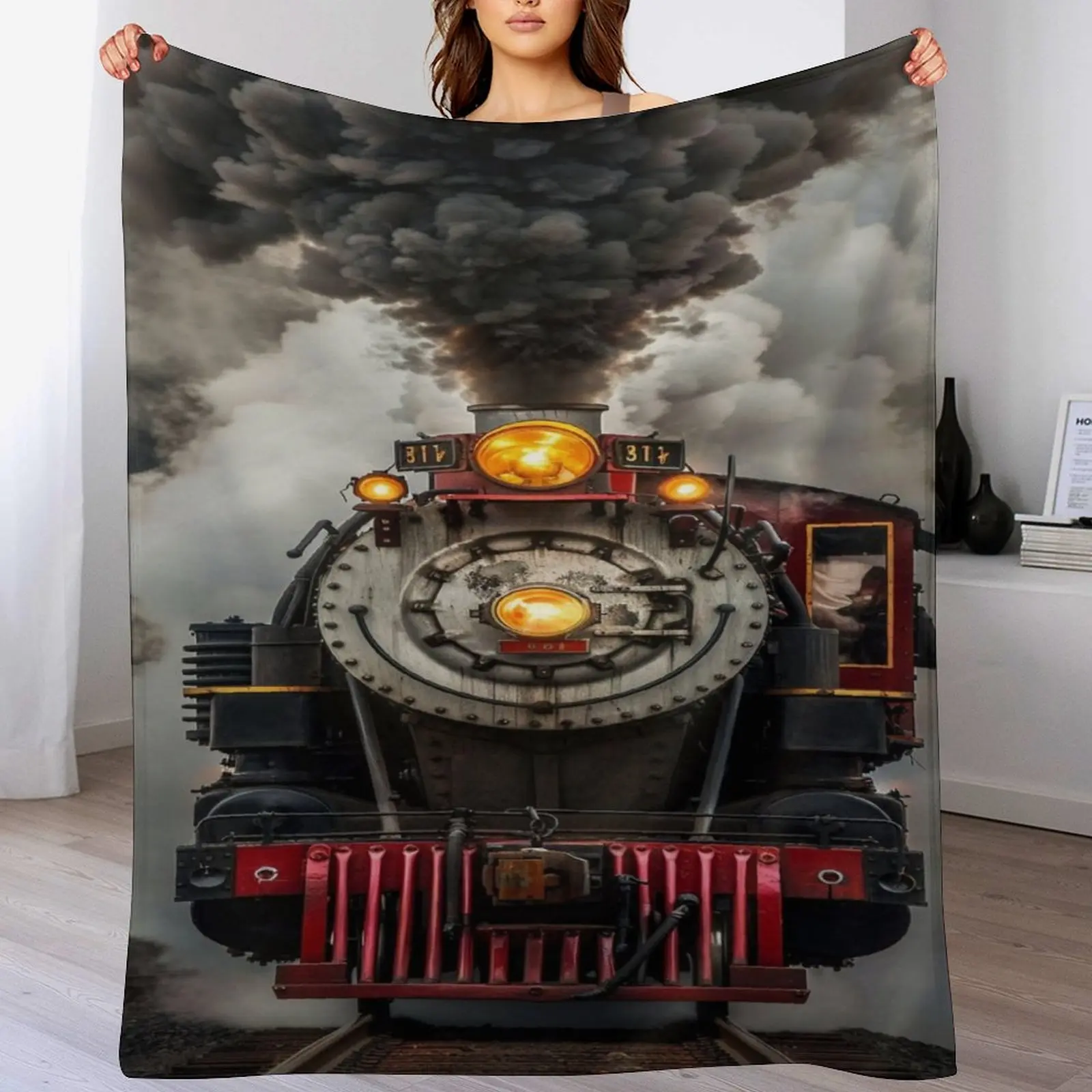Vintage Steam Locomotive Front View Heavy Smoke Cloud Print Flannel Throw Blanket Soft Retro Industrial Train Sofa Bed Decor Blanket For Railway Enthusiast Home Gift