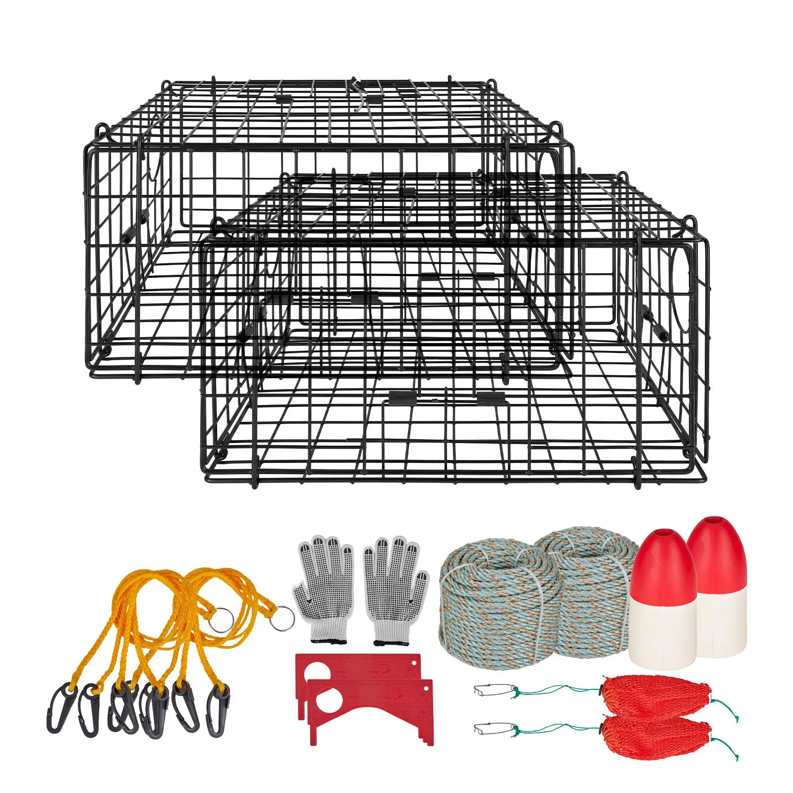 VEVOR 2-Pack Heavy-Duty Large Size Crab Trap, 24.4x24.4x11.8in Crabbing Dock Fishing Pot, Stealth Black PVC Coated Wire Mesh, Gauge, Red/White Float, 100ft Leaded Core Rope, Gloves, Stealth Mesh, Weighted Rope