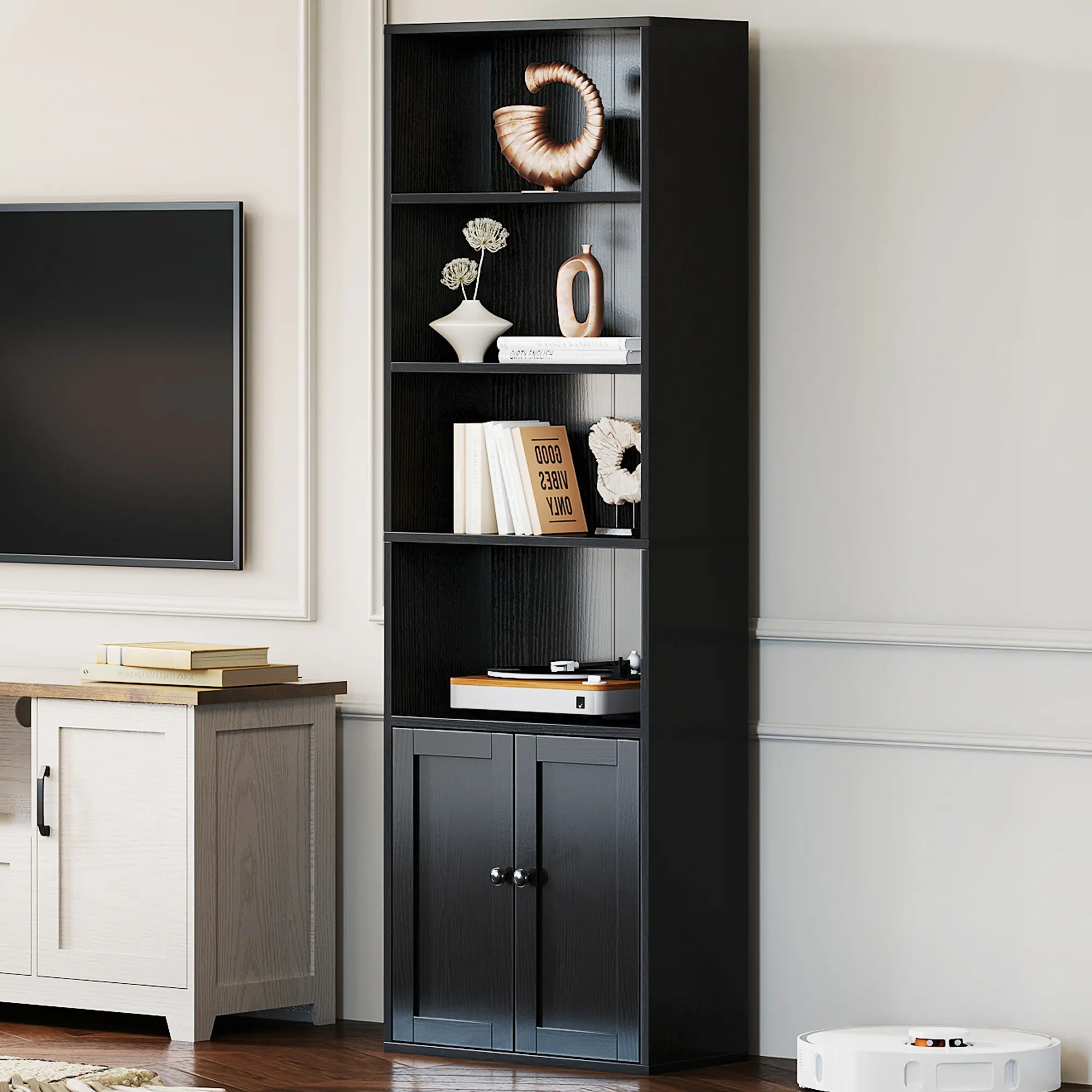AODK 6-Tier Tall Bookcase with Doors, Floor Standing Display Storage Shelves for Home Office & Living Room, Black