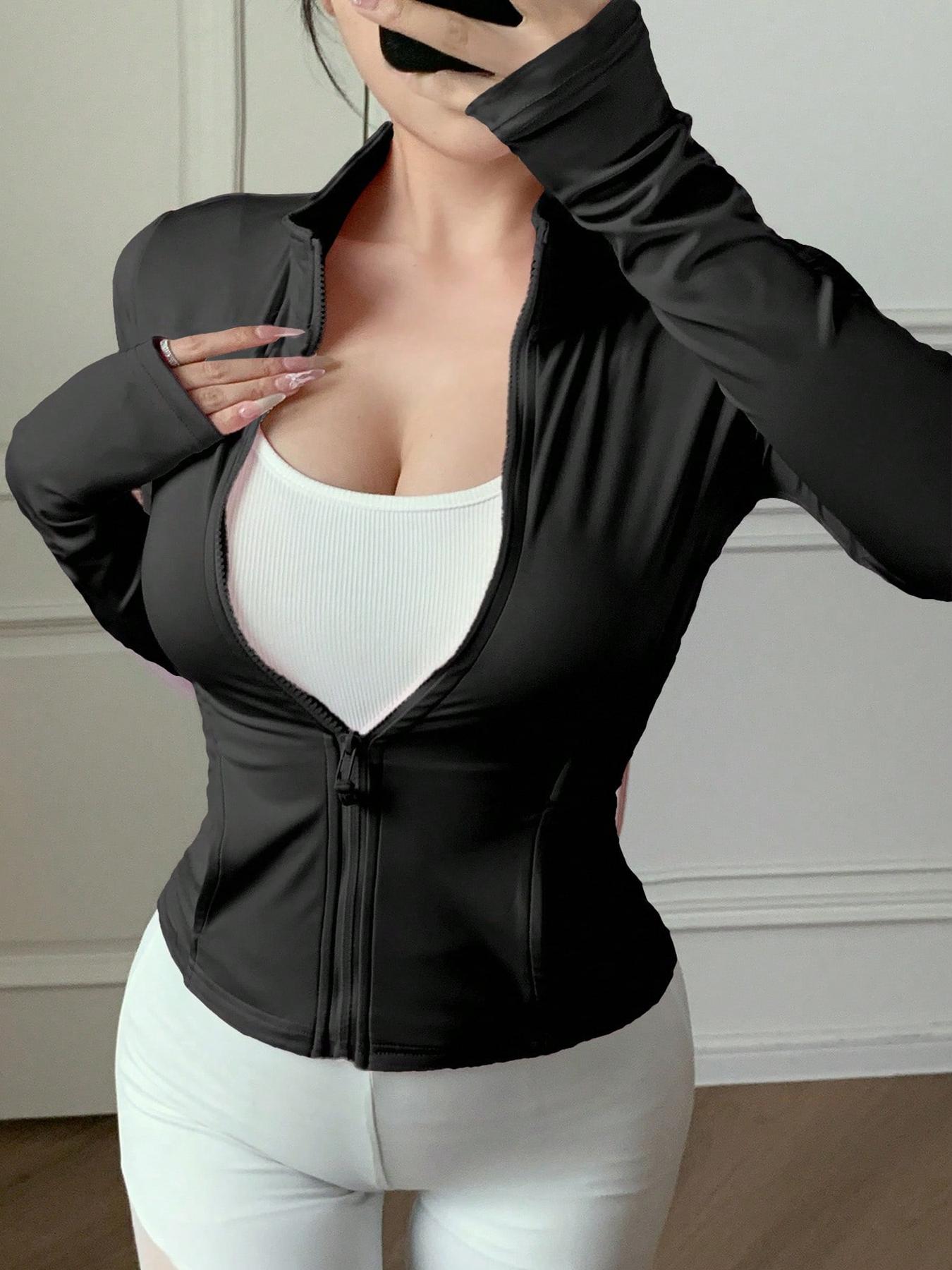 Women's Slim-Fit Elastic Sporty Zip Front Jacket, Zipper Long Sleeve Spring Autumn, Casual Athletic Fashionable Women's Clothing