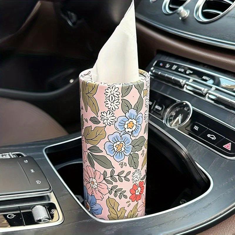 Flower Pattern Car Tissue Box, Car Seat Cylindrical Tissue Holder and Tissue Dispenser, Car Interior Accessories for Women & Girls