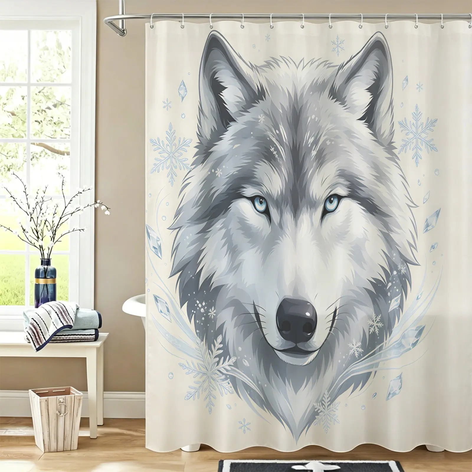 Stylish Home Animal Print Shower Curtain With Majestic Lion Pattern Bathroom Privacy Screen, includes 12 hooks, water‑resistant washable fabric decorative partition curtain for home dorm hotel bathroom