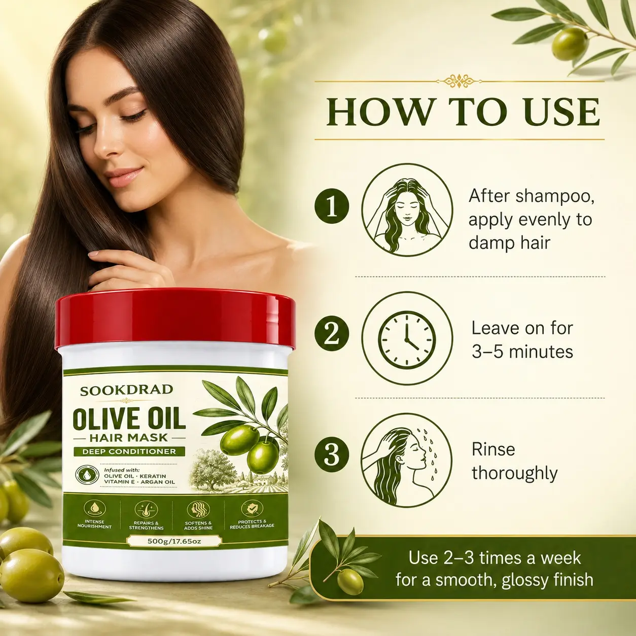 OLIVE OIL HAIR MASK DEEP CONDITIONER, infused with olive oil, keratin, vitamin e, argan oil, intense nourishment, repairs and strengthens, softens and adds shine, protects and reduces breakage,