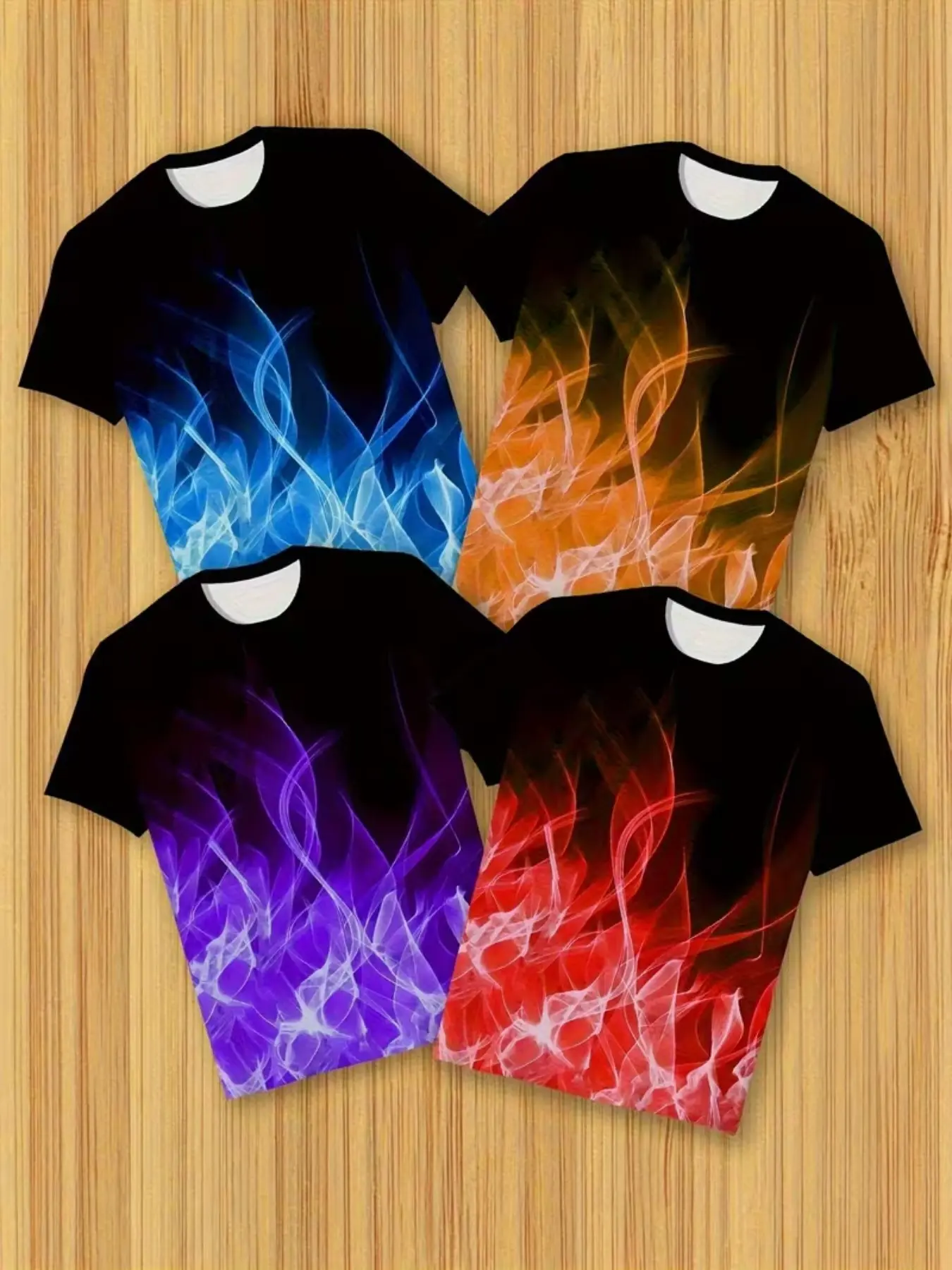 4 Pack Summer Men's Fitted Short Sleeve T-Shirts with Bright Fire Flame and Digital Print Patterns Casual Outdoor Top All Seasons Stylish and Comfortable
