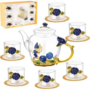7 Pcs Floral Glass Tea Set for Women, Vintage Flower Teapot Set with Gift Box, Glasses Tea Kettle Set, Glass Teapot Fancy Tea Cup with Coasters for Kitchen Family Gathering Home Party(Blue)