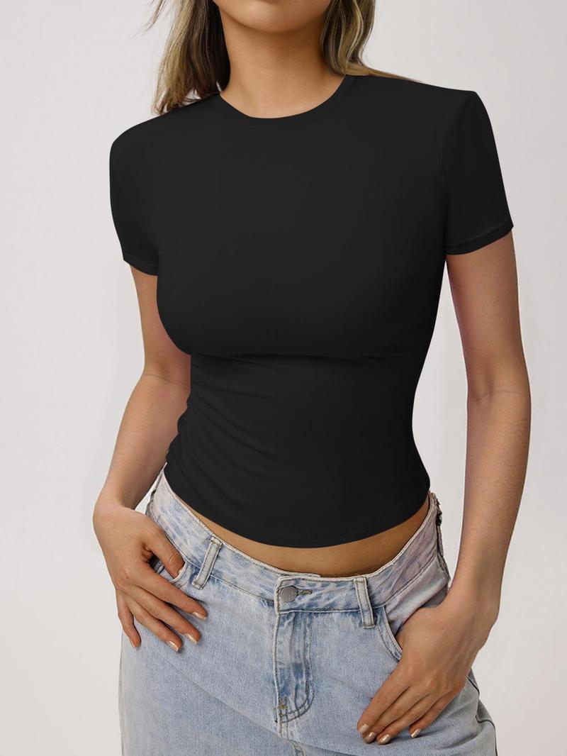 Women's Solid Shortsleeve Round Neck Basic Tee, Casual Slim-fitting Short Sleeve T-shirt, Ladies Summer Clothes for Daily Wear, Womens Clothes, Womenswear, Tshirt, Crewneck Clothing, Top, Casual Summer Style