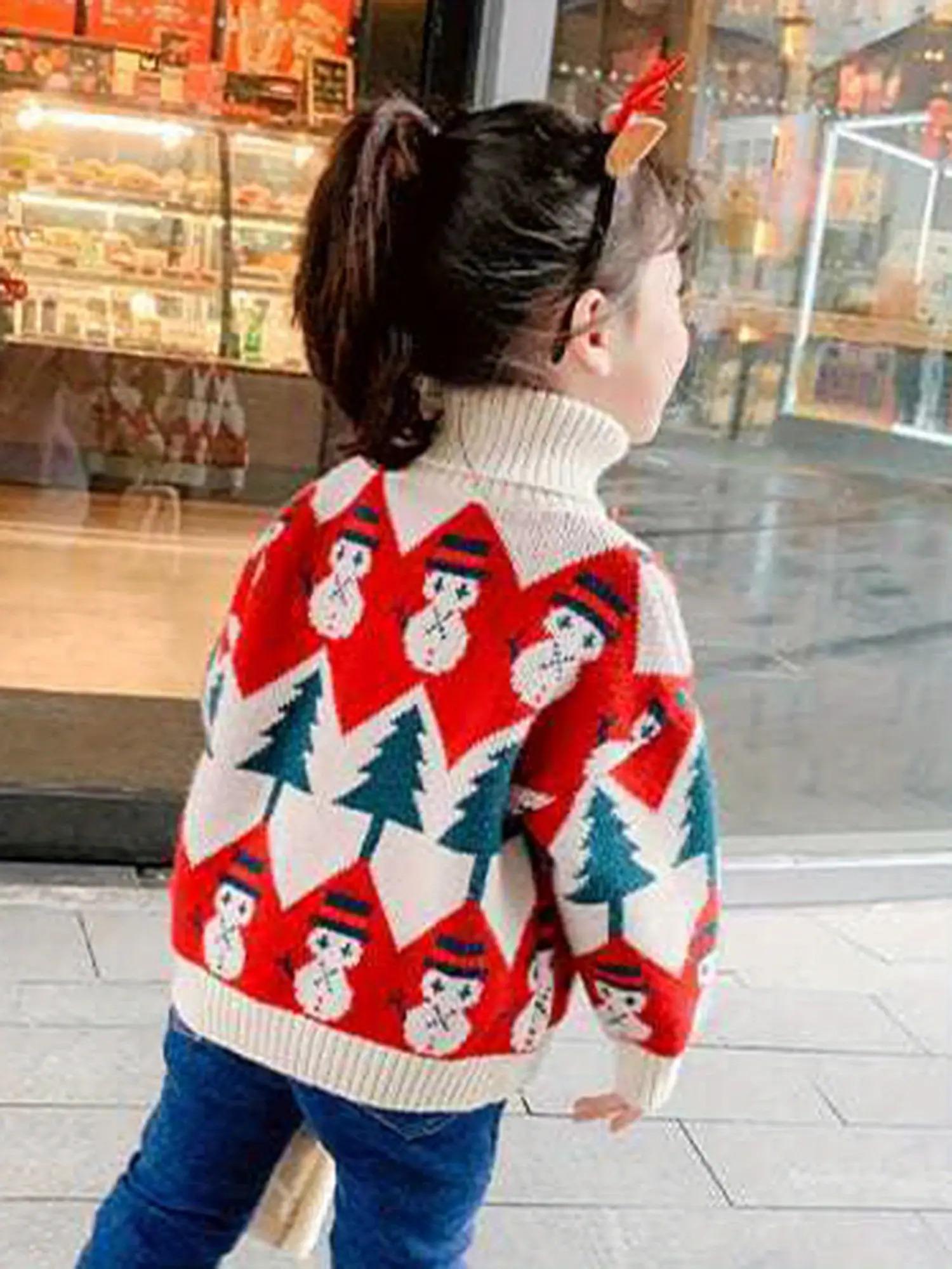 Girls' Red White & Blue Christmas Sweater - Cozy Turtleneck Pullover with Snowman & Tree Pattern, Batwing Sleeves, Loose Fit Winter Outfits for Holiday Parties & Casual Attire (Hand Washable)