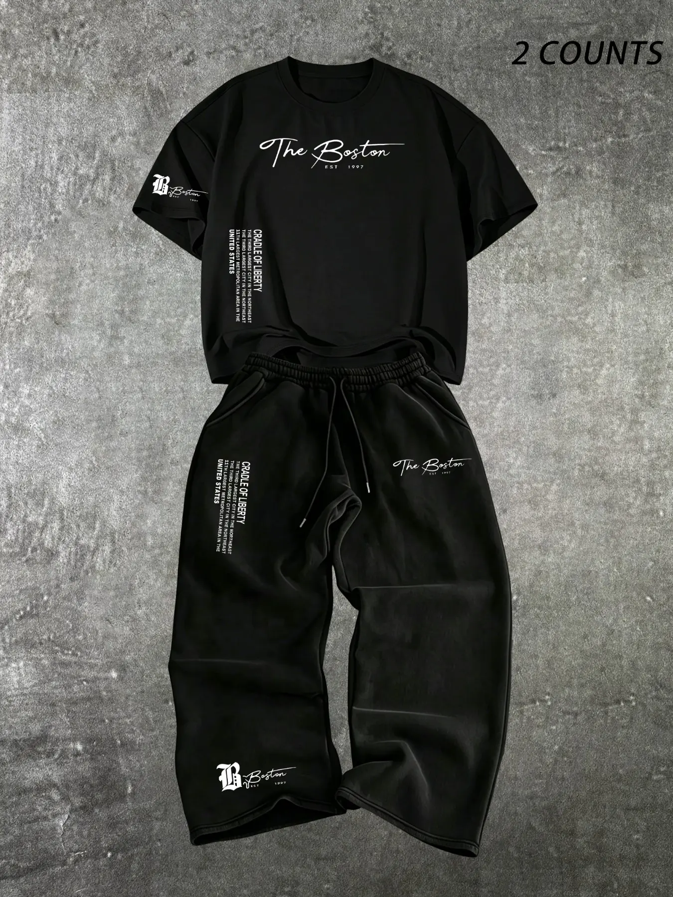 Men's Oversized Short Sleeve T-Shirt & Wide Leg Drawstring Sweatpants Outfit Set, The Boston Cursive Letter Text Multi-Position Print Elastic Waist Casual Hip Hop Streetwear Matching Tracksuit #BostonLetterOutfit #StreetwearMatchingSet #TextPrintTracksuit
