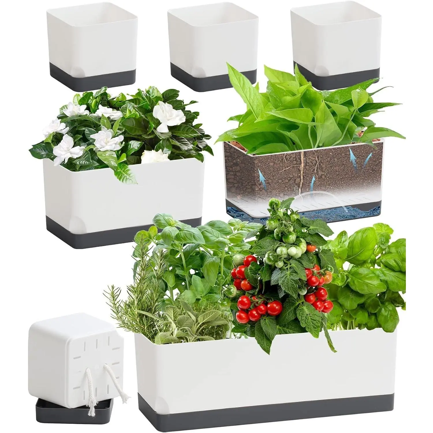Self Watering Planters Pots for Indoor Plants, 7 Pack 4+8+17 Inch Plastic Window Boxes Herb Planter, Rectangle Windowsill Planters with Drainage and SaucerGift