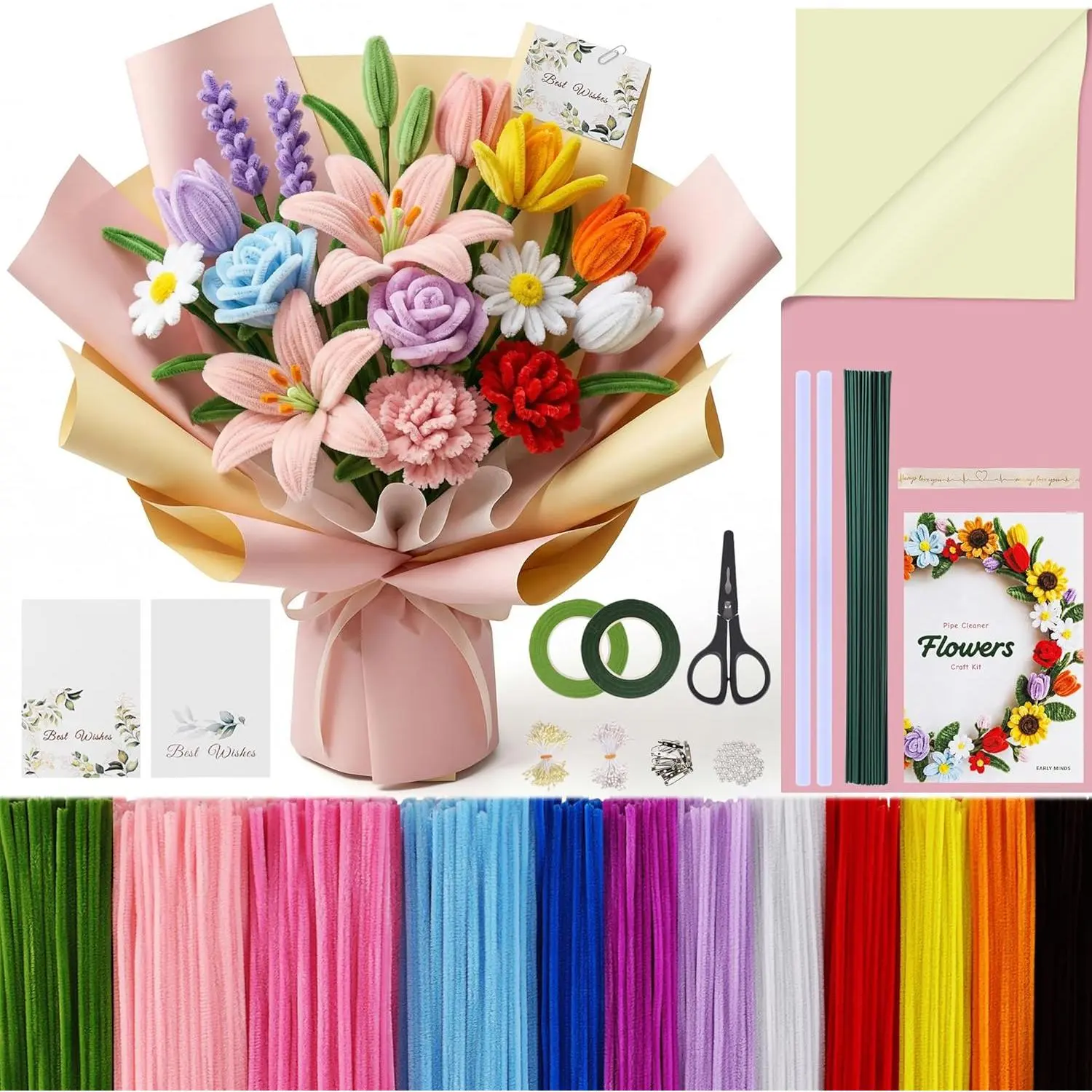 800Pcs Pipe Cleaner Flower Craft Kit with Tutorial, 12-Color Chenille Stems, Floral Tape, Flower Stems, Gift Wrap & More, DIY Bouquet Decor for Mother's Day Handmade Gifts