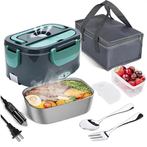 2-in-1 Electric Heating Thermal Lunch Box for Adults - Leakproof, Anti-Scald Handle, 4 Removable 304 Stainless Steel Containers, 2 Plugs (110V-12V-24V-220V 60W) for Car/Home, Dishwasher-Safe Kitchenware Tableware