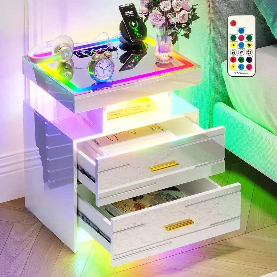 White RGB Smart Nightstand with High Gloss Glass Top, Wireless Charging Station, Motion Sensor LED Lights, Remote-Controlled Strip Lights, Adjustable Mobile Side Table, Hidden Comp, for Gaming & Entryway Use