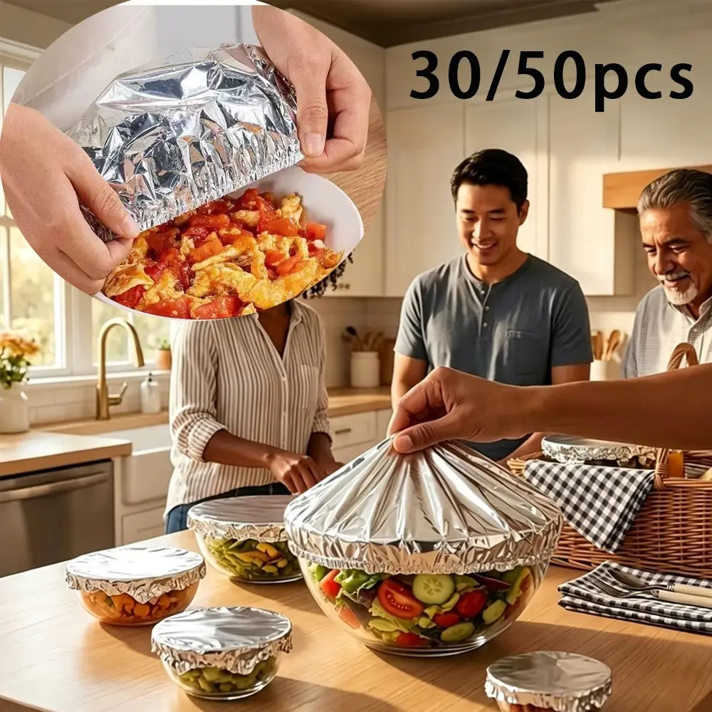 30/50pcs Food-Grade Reusable Insulated Aluminum Film / Foil Food Cover – Ideal for Thanksgiving & Halloween Parties; Keeps Food Warm & Fresh; Protects Against Insects & Dust; Suitable for Bowls & Dishes; Microwave-Safe, Machine-Washable, and Reusable.