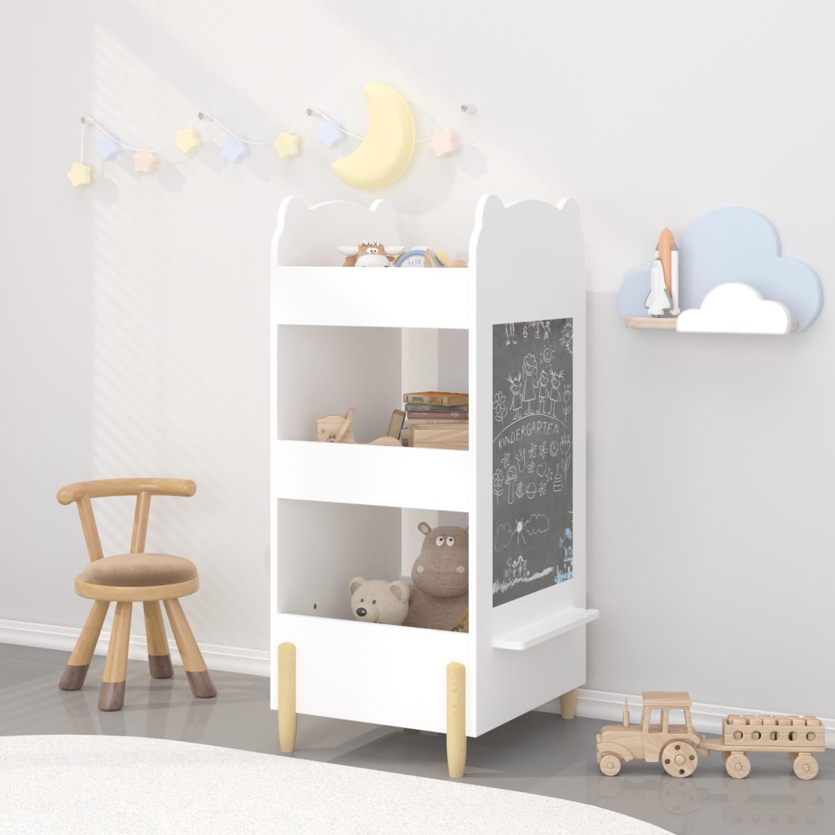 Kids Bookshelf with Chalkboard Side – Bear-Shaped Wooden Bookcase with 3-Tier Storage, Drawing Board for Toddlers, Toy and Book Organizer for Playroom or Bedroom – White