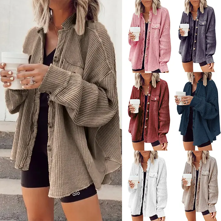 Women's Loose Fit Batwing Sleeve Waffle Knit Button Down Shacket Top - Women's Clothes, Outfits Suit for Casual Chic Office Wear in Spring Fall Winter, Tops For Women