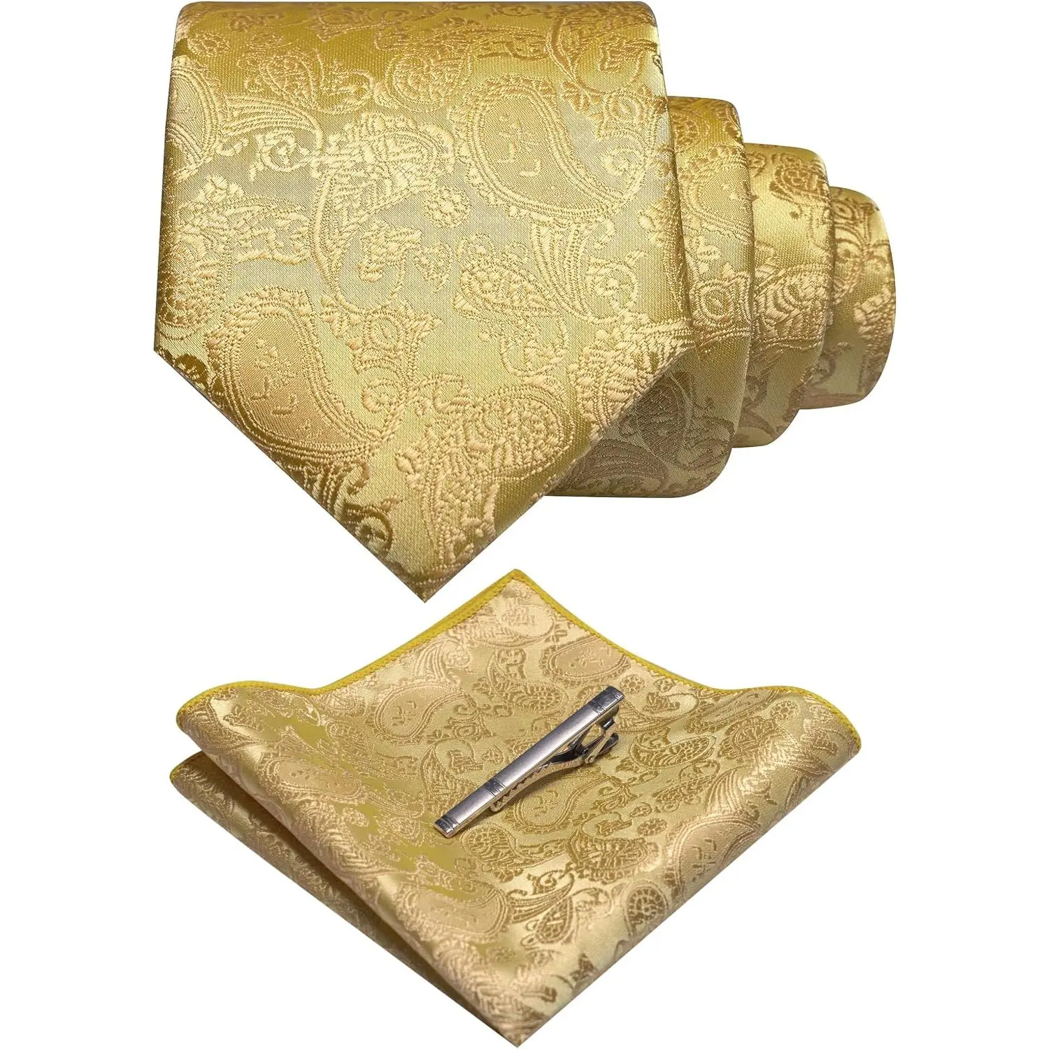 Men's Gold Paisley Pattern Tie and Pocket Square Set (with Tie Clip)