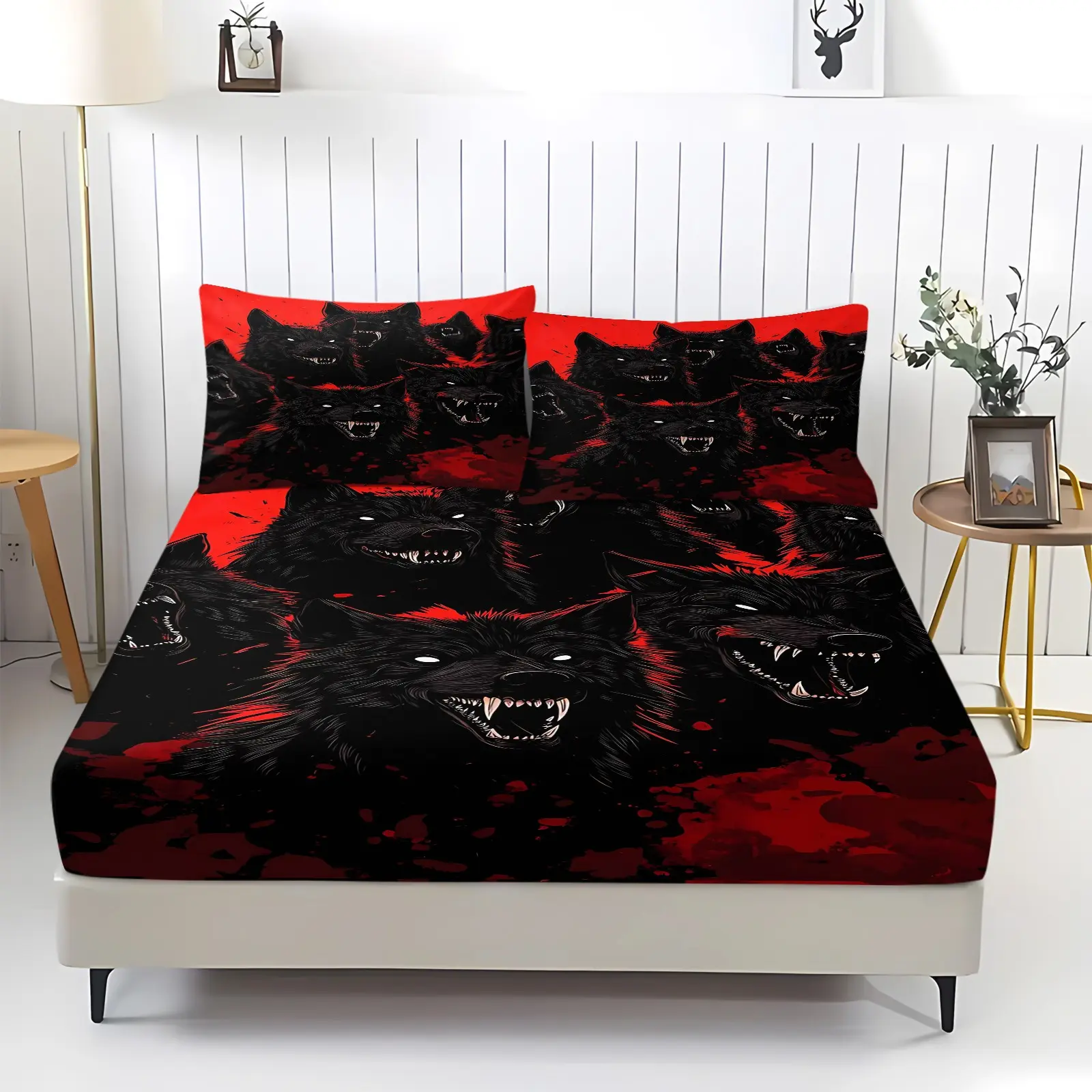 3pcs Black And Red Wolf Digital Printed Bed Sheet Set, Dark Gothic Style, Animal Pattern Bed Set, Soft And Breathable, 1 Bed Sheet And 2 Pillowcases, Without Pillow Core, Suitable For Bedroom Bedding Set