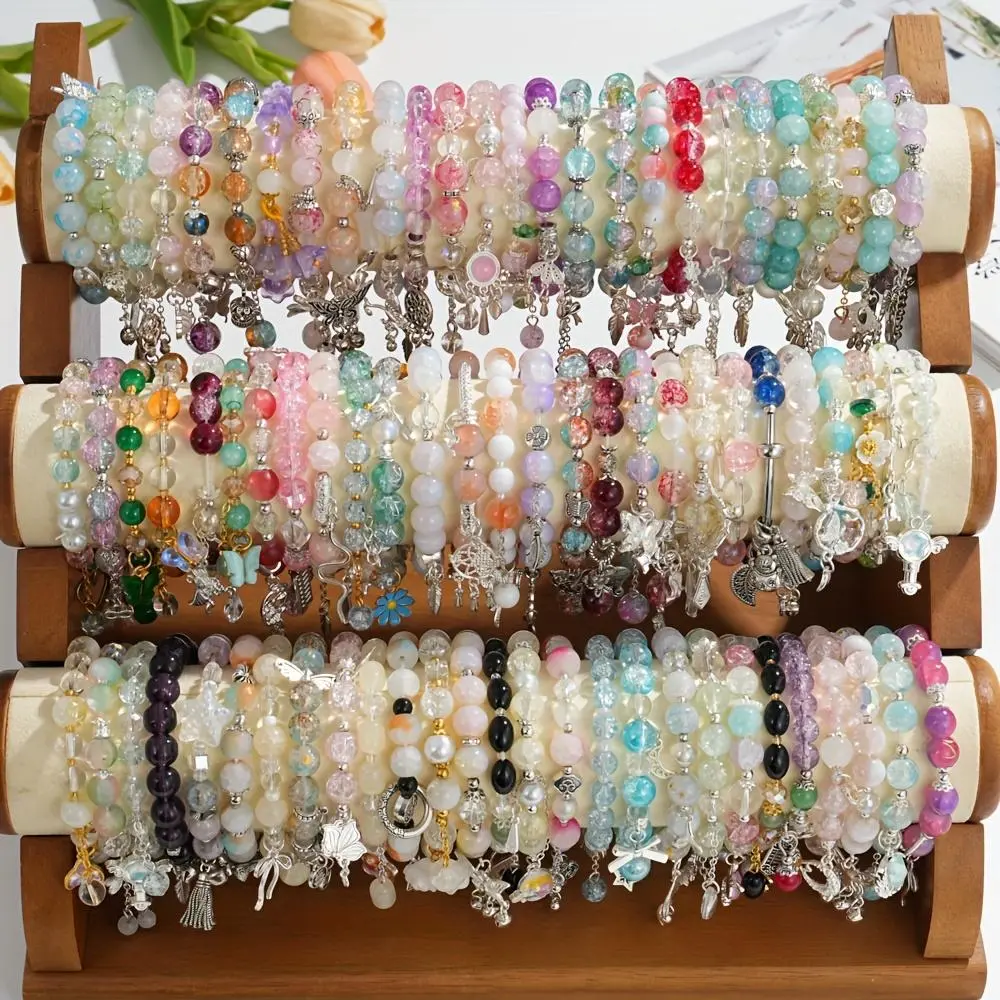 Elegant Glass Bead Bracelets Set for Women, 20pcs Assorted Stretch Jewelry with Floral, Heart & Butterfly Charms, Party Accessory Must Have, Jewelry For Women