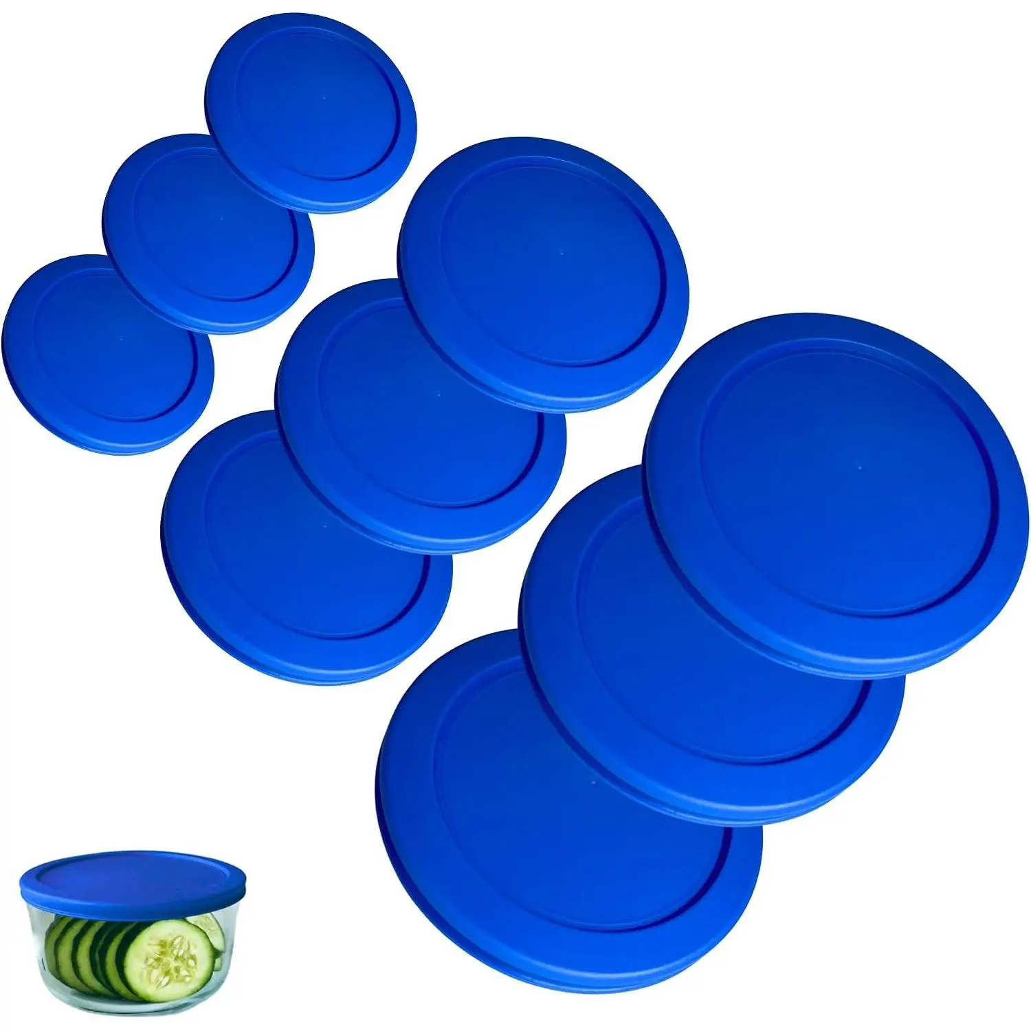 1, 2 & 4 Cup Blue Replacement Lids/Covers for Pyrex, Anchor Hocking Storage Bowls *Lids Only Glass Container Not Included* (9 Pack *Three of Each Size*)