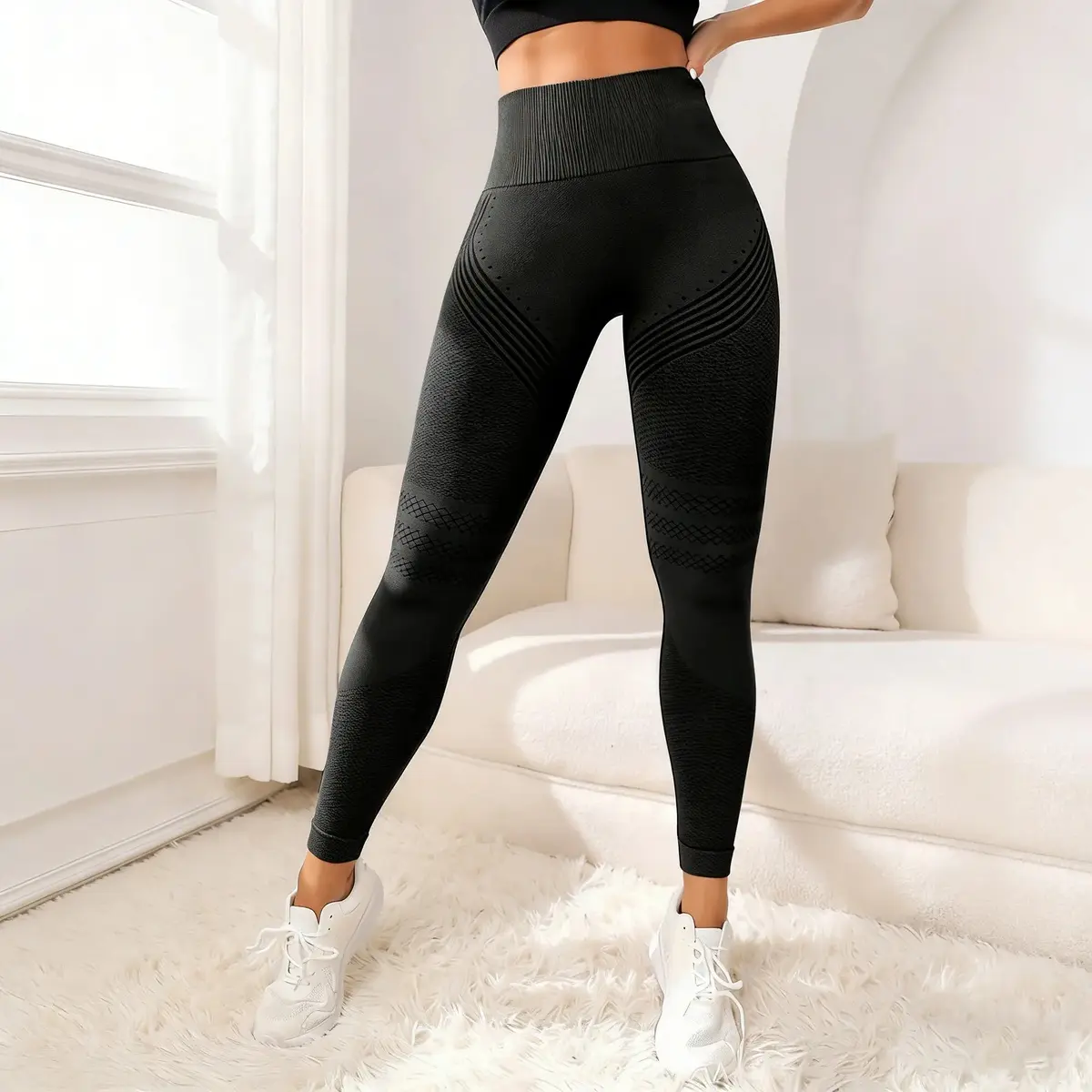 Women’s High Waist Seamless Knit Yoga Leggings - Female All Seasons Workout Wear, Black Scrunch Butt Lift Pants, Stretch Tummy Control Gym Tights for Fitness, Running