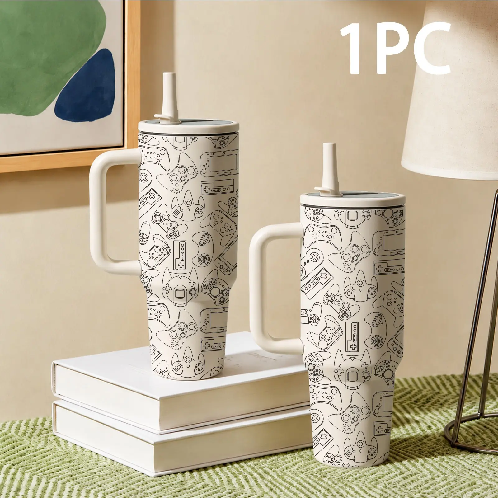 1PC Gaming Rush 40oz Tumbler with Handle, Gamer Controller Pattern Stainless Steel Insulated Drink Cup, Large Capacity Travel Mug with Straw, Vacuum Water Bottle for Gaming Lovers, Daily Commute, Sports & Gift Ideas