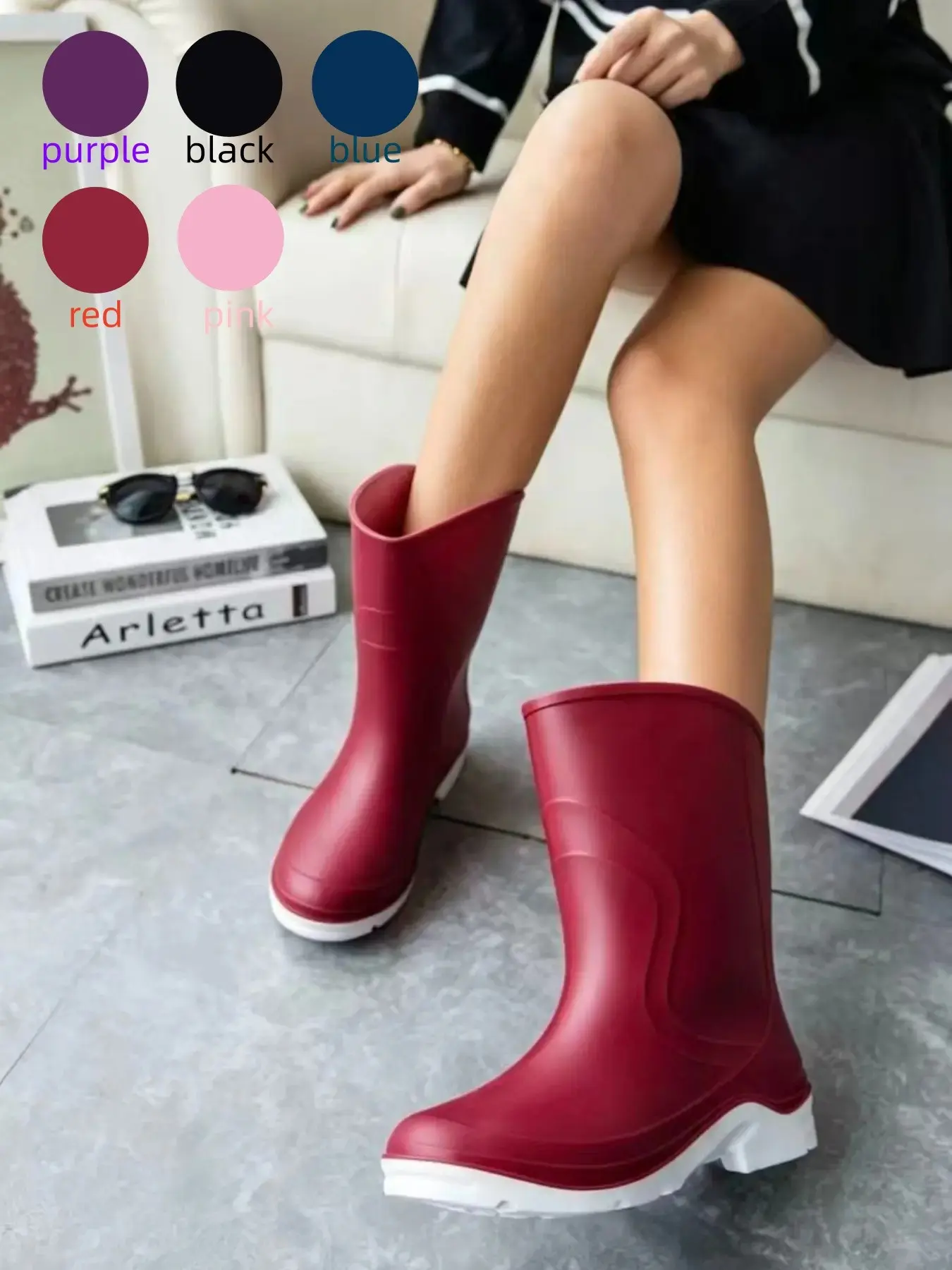 Women's Simple Mid-Calf Rain Boots, Lightweight Thick Sole Anti-Slip Waterproof, Versatile Outdoor Wear, Durable Water Shoes