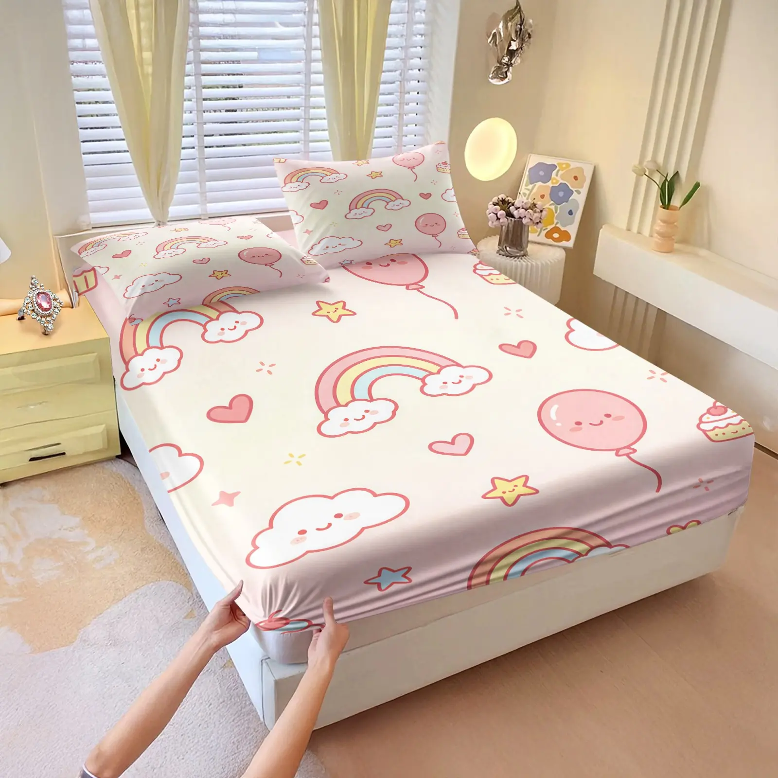 3Pcs Macaron Cartoon Cloud Fitted Sheet Set, moon rainbow bird cake cute prints, stretch anti-slip fit, bedding for teen girls dorm