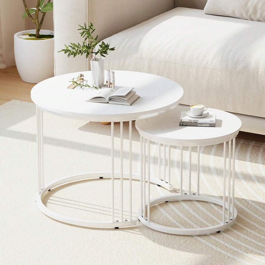 23.6" Round Nesting Coffee Table Set Of 2, Wooden Top & Metal Frame Nesting Tables, Stylish Center Tables For Living Room Bedroom Balcony 23.6" Round Nesting Coffee Table Set Of 2, Wooden Top & Metal Frame Nesting Tables, Stylish Center Tables For Living Room Bedroom Balcony