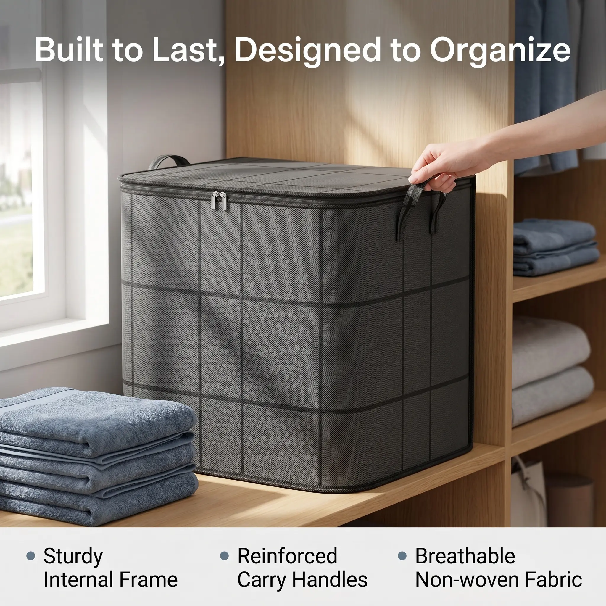 Spacious Moving Storage Bin, Zippered Organizer for Quilts, Bedding & Sweaters, Large Capacity Fabric Bag for Moving Day, Closet & Bedroom Use-YY1