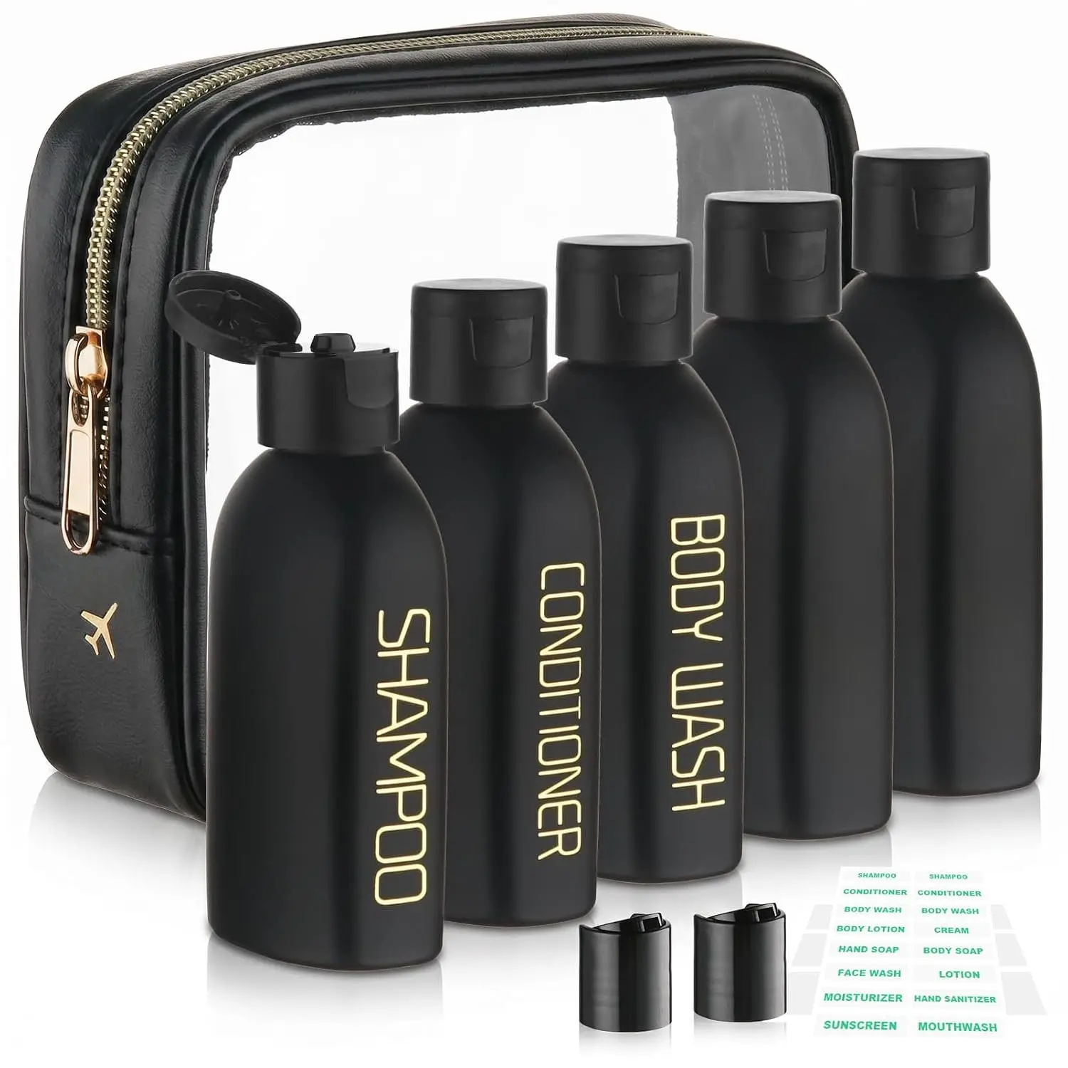 3.4oz 5 Pack Travel Bottles for Toiletries Black Toiletry Bottles | Pre-Printed Shampoo Conditioner &  Wash, Soft , TSA Approved, Leak Proof, Includes Flip Caps and a Toiletry Bag