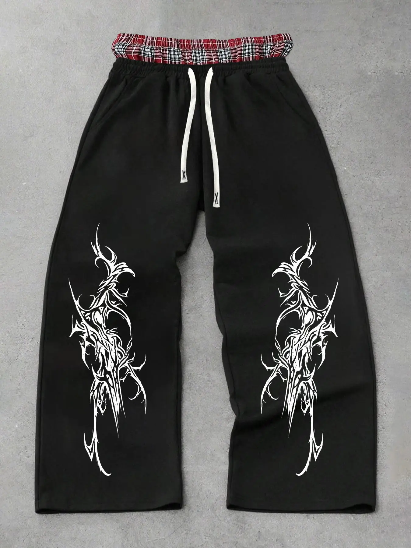 Gothic Tribal Tattoo Print Sweatpants Double-Layer Plaid Patch Waist Adjustable Drawstring Symmetric Thorn Graphic Soft Fabric Casual Loose Comfy Punk Street Trousers With Side Pockets For Music Festival Daily Wear