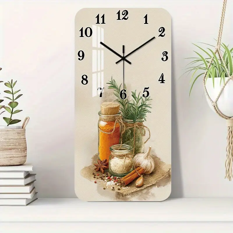 A silent, non-ticking acrylic wall clock, decorative square clock, rustic style, suitable for placement on kitchen spice racks, and also ideal for bedrooms, dining rooms, entryways, and living rooms