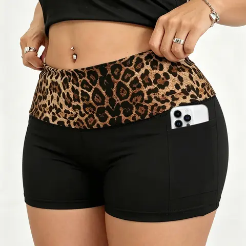 Women's High Waist Hip Pocket Leggings, Leopard Print Waistband, Plus Size Comfort Fit, Daily Wear & Active Lifestyle, Everyday, Bottoms