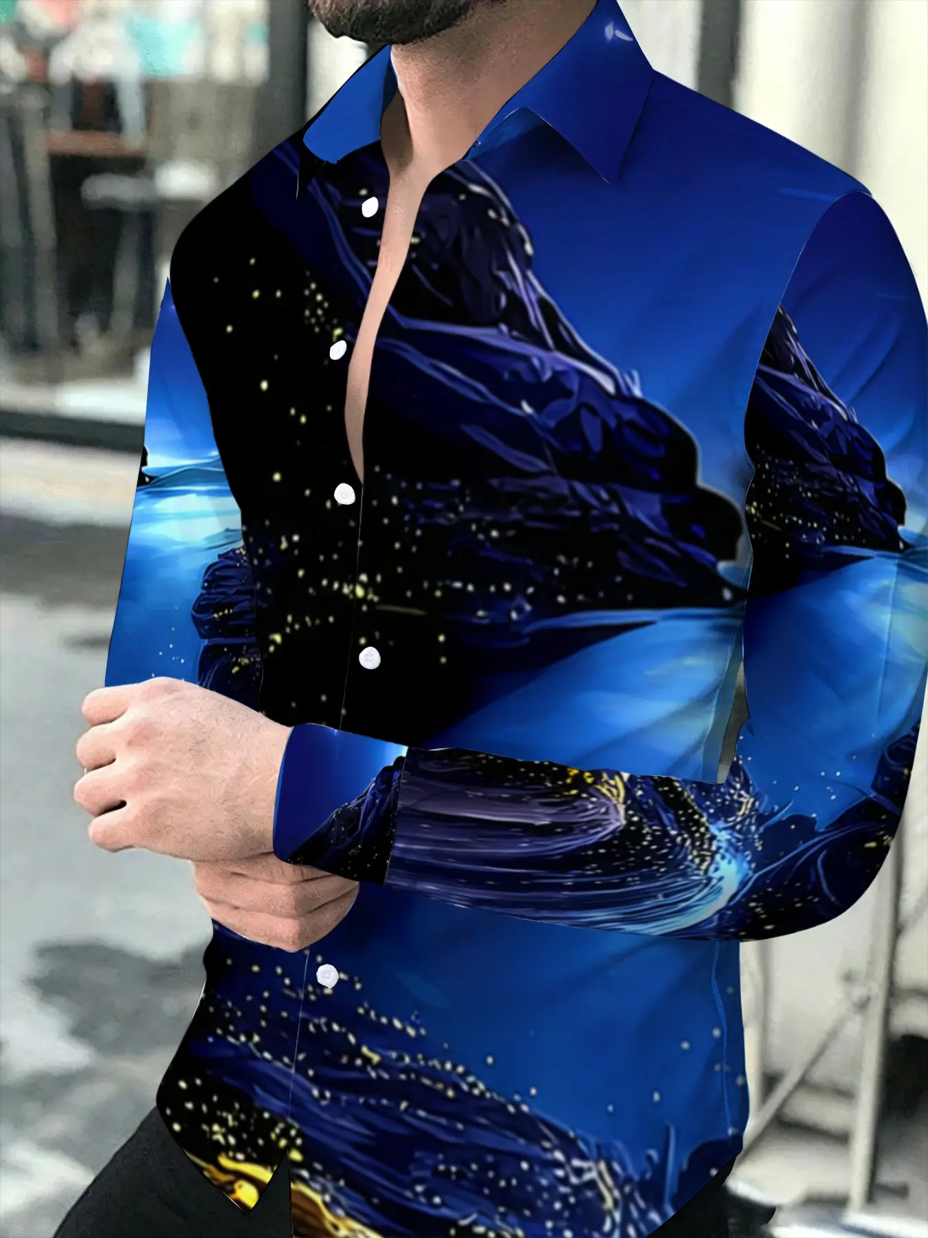Men's Fashion Long Sleeve Shirt, Blue Tone Landscape Night Scene Printed Business Casual Style Lapel Single-breasted Top, Stylish Outfit for Daily Commuting and Gatherings Men's Wear Printed Party Activewear for Everyday Wear