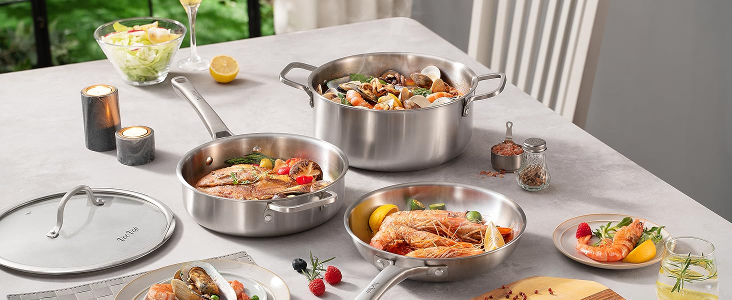 Stainless Steel Cookware Set,Tir-Ply Pots and Pans Set,10 Pcs Stainless Steel Induction Kitchen Cookware Sets,PFOA Free, Frying Pans,Saucepans,Saute Pan & Stock Tagine Pot,Compatible with All Cooktops Stainless Steel Cookware Set,Tir-Ply Pots and Pans Set,10 Pcs Stainless Steel Induction Kitchen Cookware Sets,PFOA Free, Frying Pans,Saucepans,Saute Pan & Stock Tagine Pot,Compatible with All Cooktops