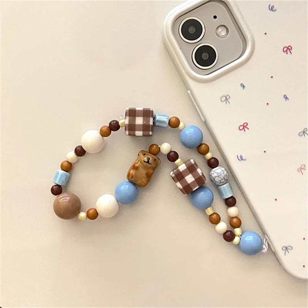 Y2K Handmade Vintage Cell Phone Lanyard Cute Phone Charm Wrist Strap Keychain Brown Bear Bead Pendant For Girl Decor Rope Gift