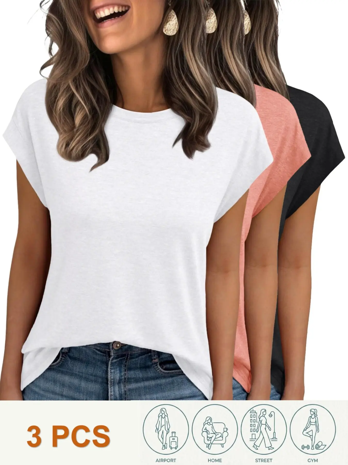 Women's Cap Sleeve Tops for Summer, Soft Stretchy Versatile Shirts, Cute Fitted Short Sleeve, Office Casual Date Everyday Wear