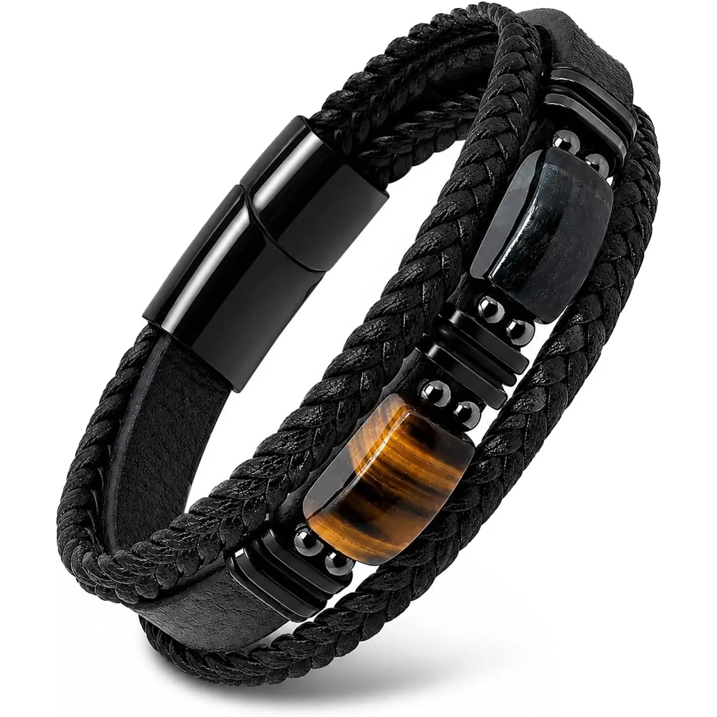 Men's Classic Handmade Craft Leather&Stone Bracelet, Natural Tiger Eye Gemstone Jewelry for Courage, Stress Relief, Protection