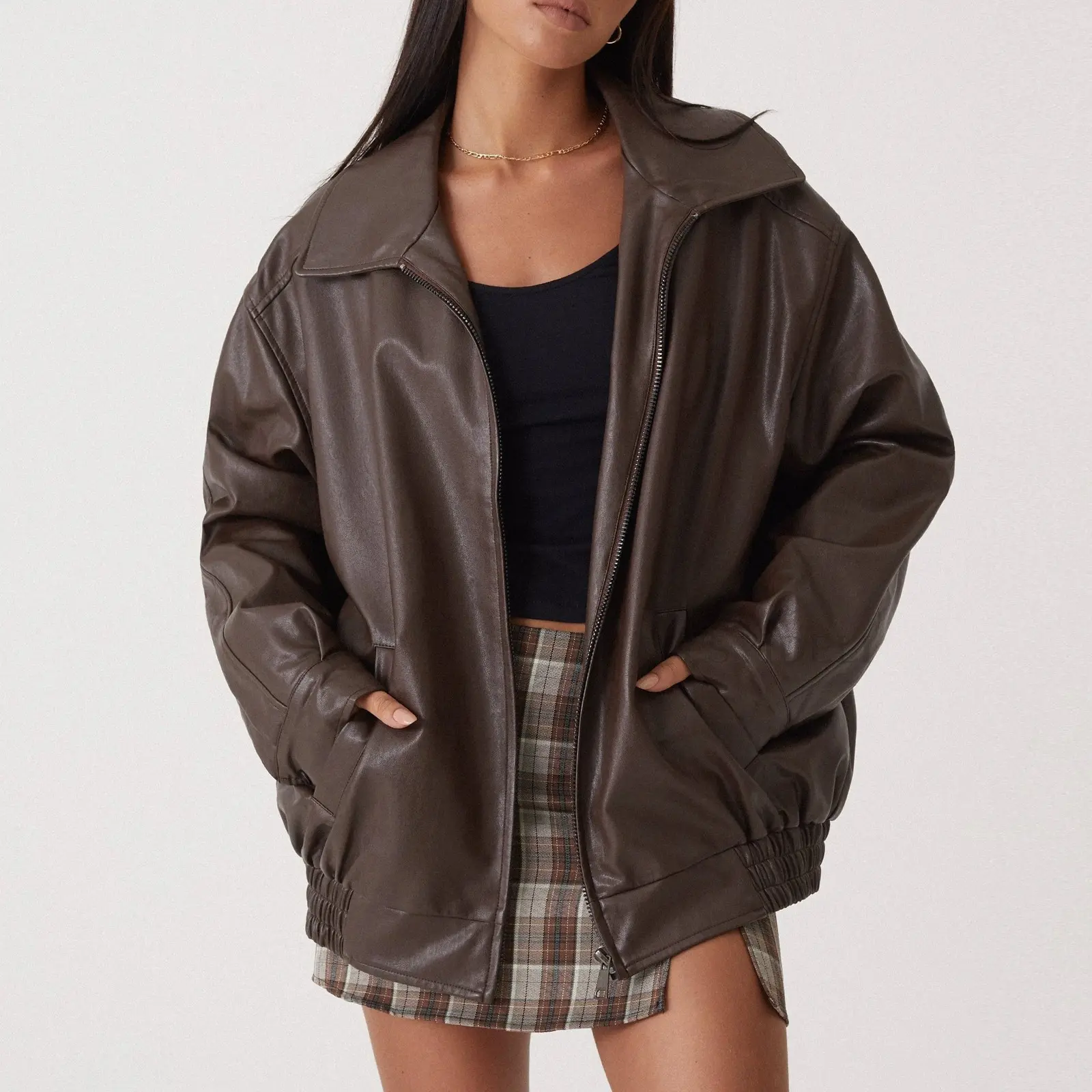 Women's Turn-Down Collar Faux Leather Bomber Jacket - Drop Shoulder, Zip-Up, Loose Fit Moto Outerwear, Long Sleeve, Side Pockets, Casual Fall Winter Top