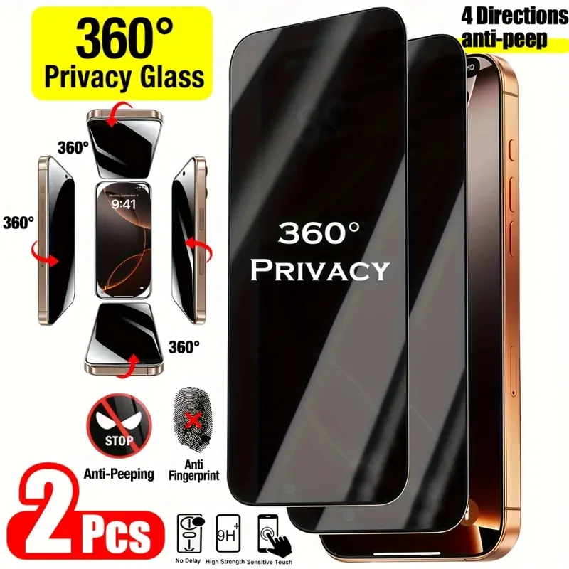 2pcs 4-Way 360-Degree Privacy Screen Protectors Features Tempered Glass With For 17 16 15 14 13 12 11 Pro Max XS