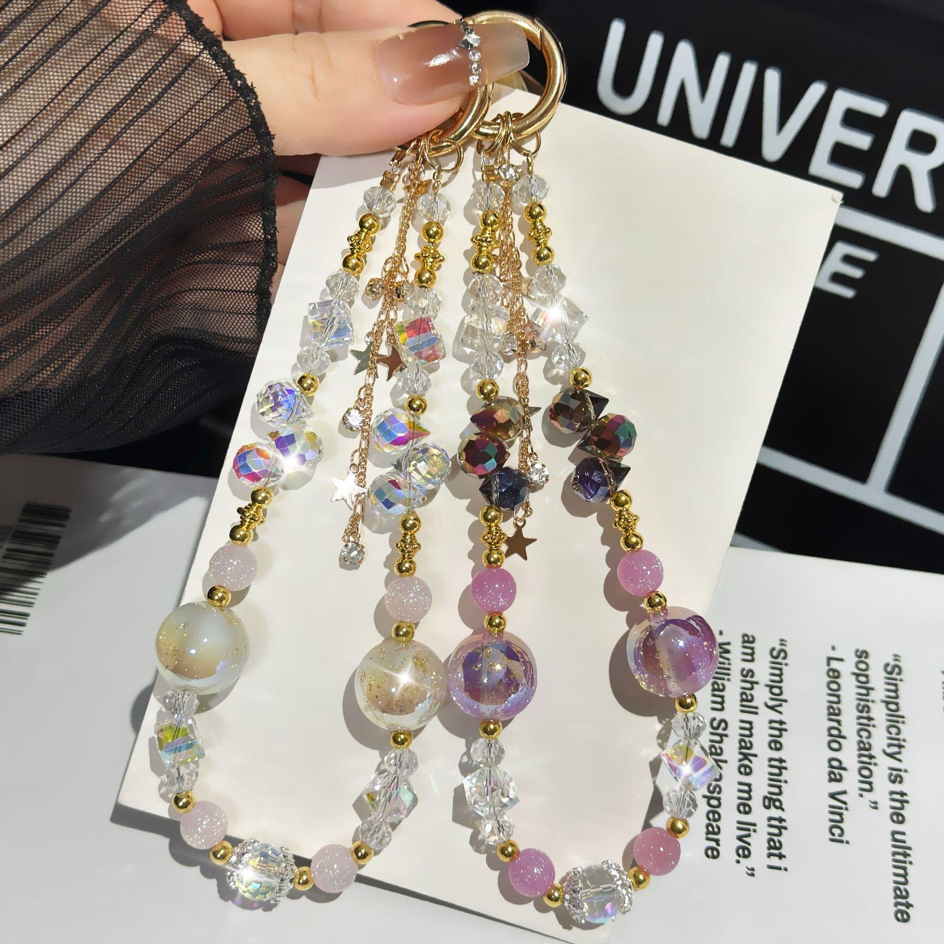 For Light Luxury Crystal Mobile Phone Chain Beaded Short Wrist Chain Fashion Butterfly Pendant Gold Leaf Hand-Made Lanyard