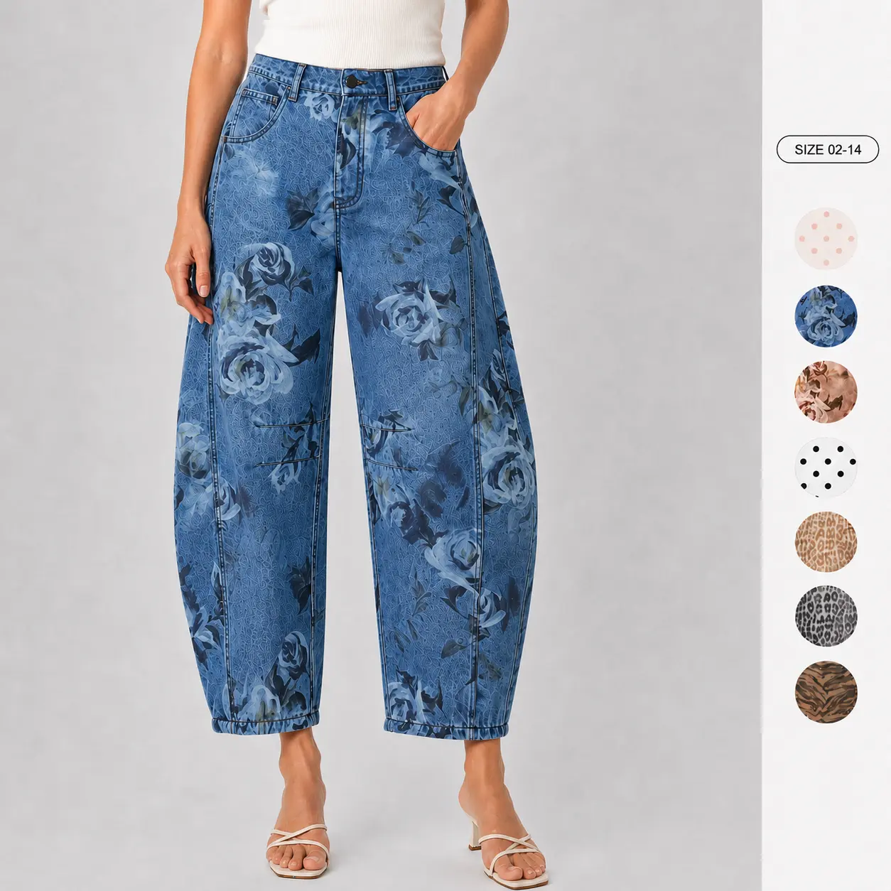 Imily Bela Womens High Waisted Barrel Jeans Unique Knee Dart Design Loose Fit Denim Pants Fashion Floral Leopard Zebra Polka Dot Prints Multiple Colors with Pockets