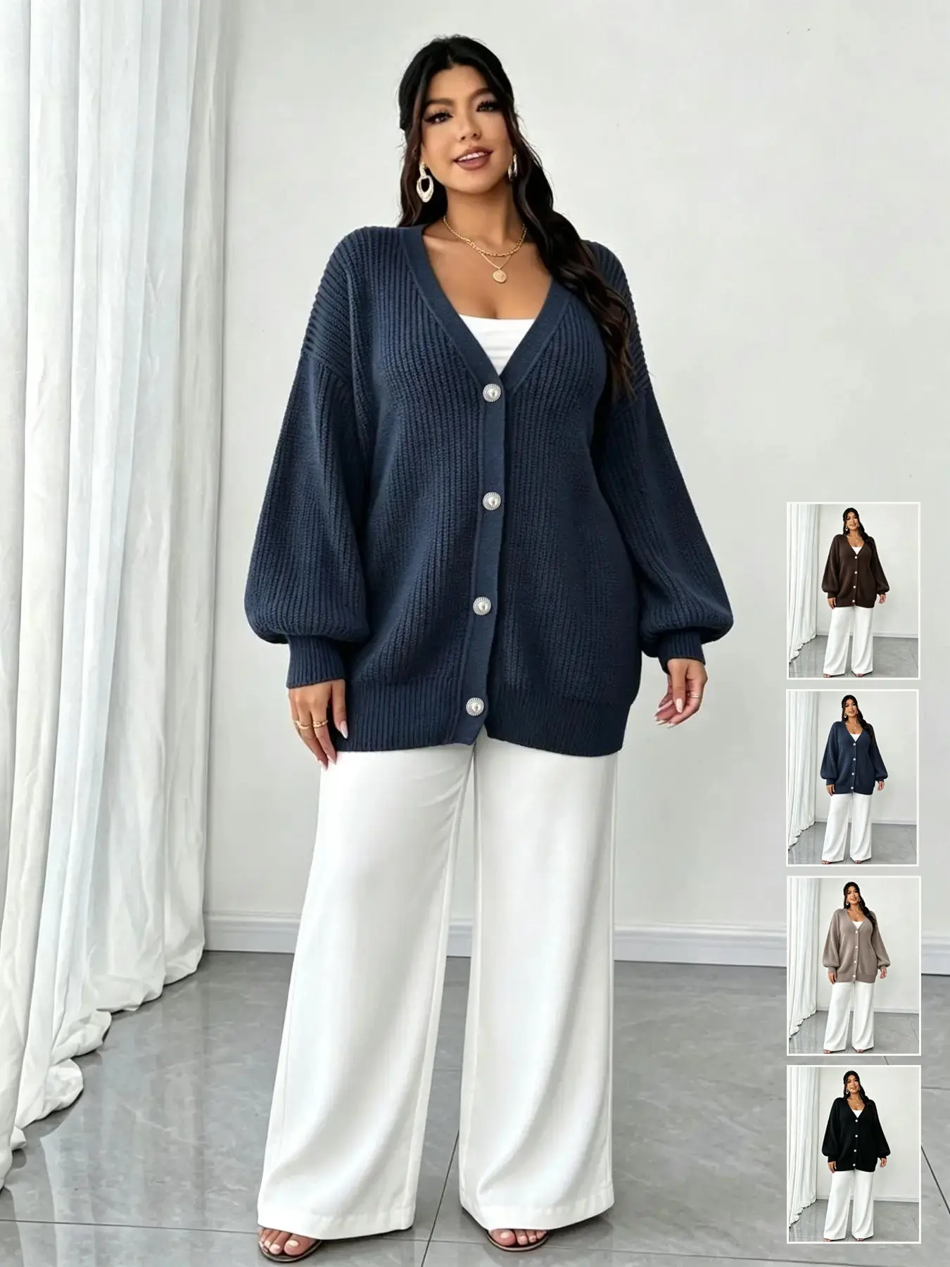 Plus Size Ribbed Knit Cardigan for Women, V Neck Button Down, Loose Fit Long Sleeve Sweater Coat, Fall Winter Casual Outerwear