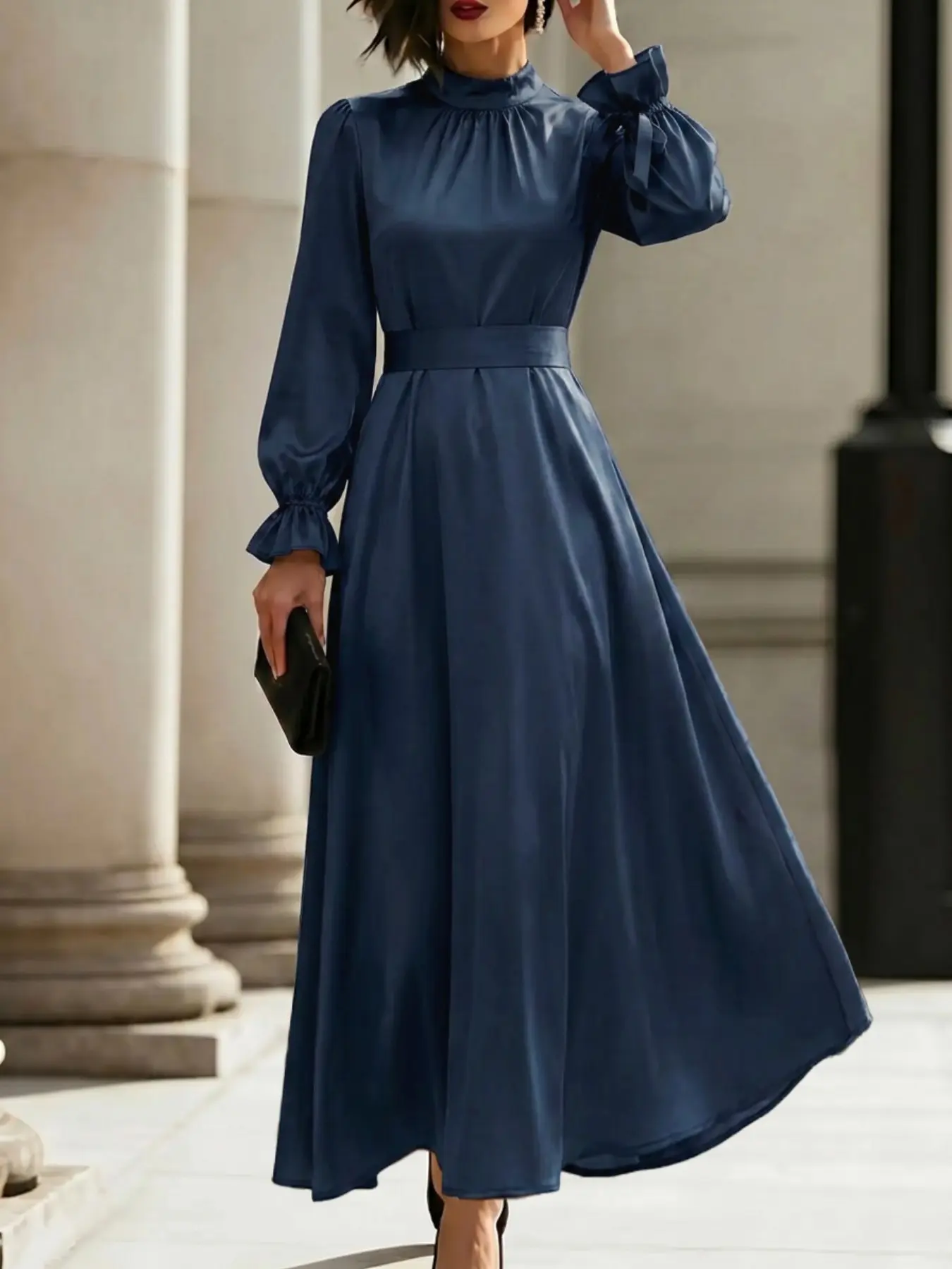 Women's Elegant Maxi Dress, Long Sleeve Ruched Design, Detachable Belt, Plain Pattern, Loose-Fit, Spring & Fall Party Gown