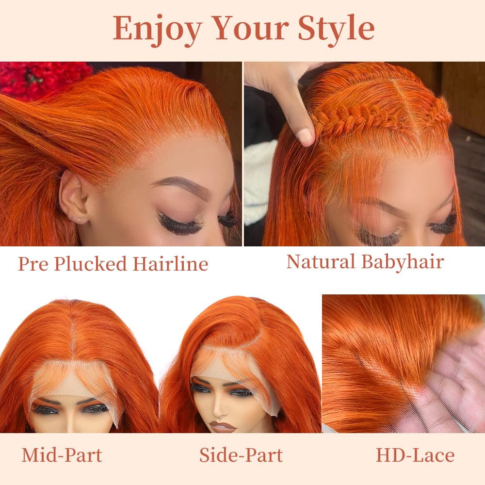 Ginger Lace Front Wigs Human Hair Pre Plucked 200% Density Hd Lace Front Wig 13x6 Ginger Orange Body Wave Lace Frontal Wigs Human Hair