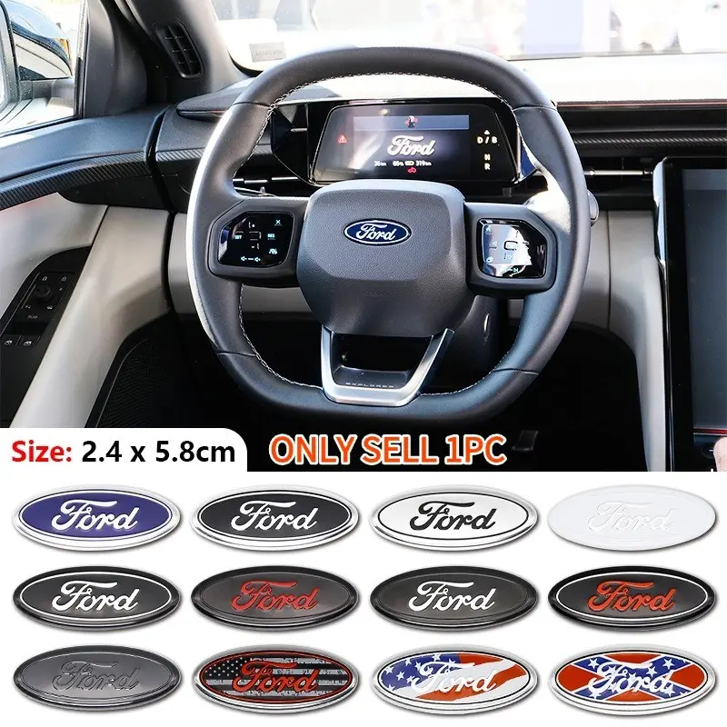 1PC Steering Wheel Center Emblem Badge, 3D Oval Car Logo Replacement Cover, 2.4 x 5.8cm Self-Adhesive Interior Trim Styling Accessory, Car Decorations Interior, Compatible with F-150 Focus Fiesta Fusion Escape Explorer Edge Ranger Mondeo Kuga Transit