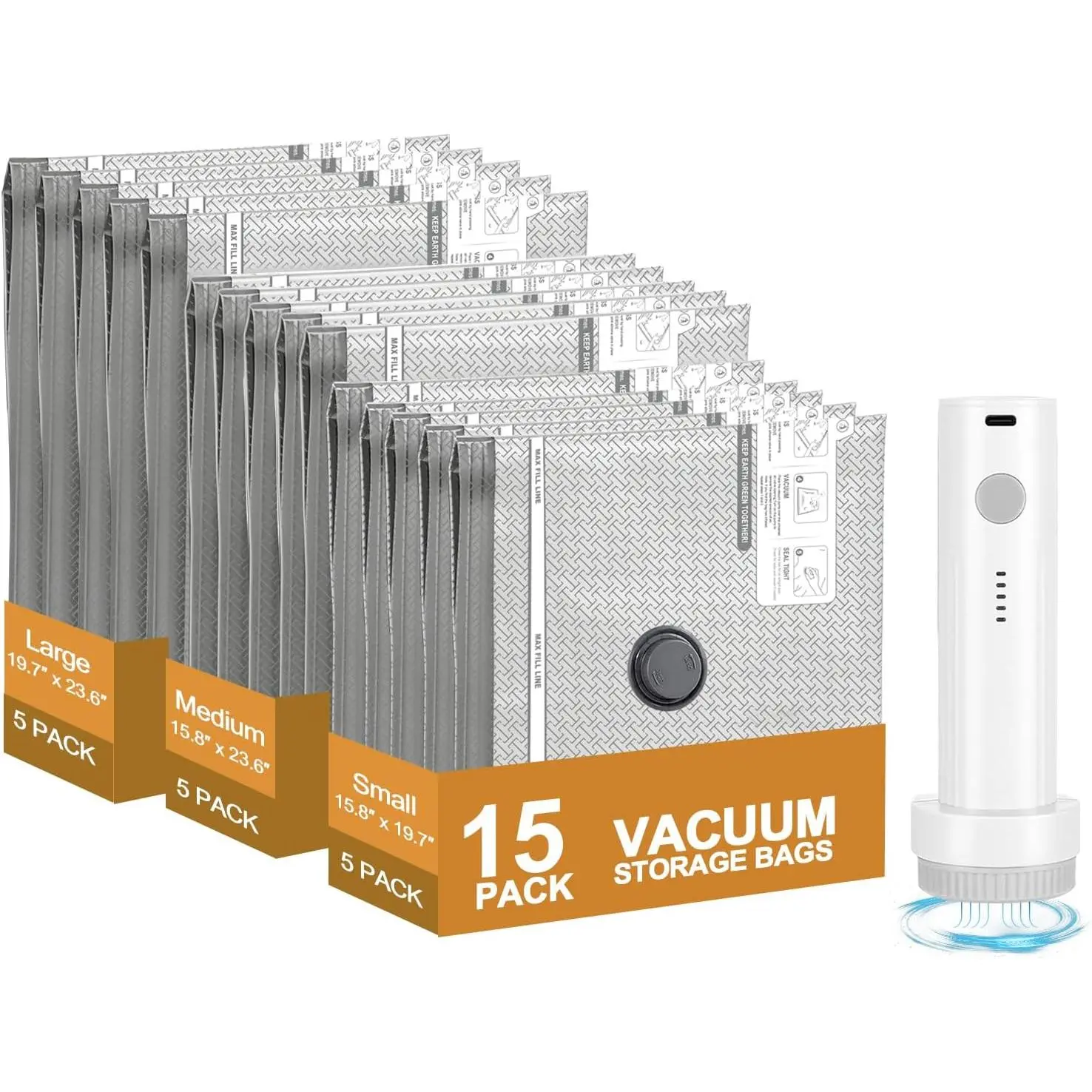 Travel Vacuum Bags with Electric Pump, Cordless Space Saver Storage Seal, Luggage Compression Packing Cubes for Clothing (15 Combo Set)